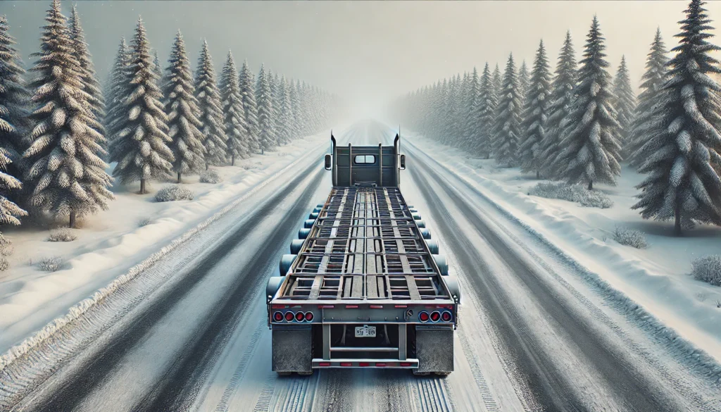 Flatbed trailer on snowy road