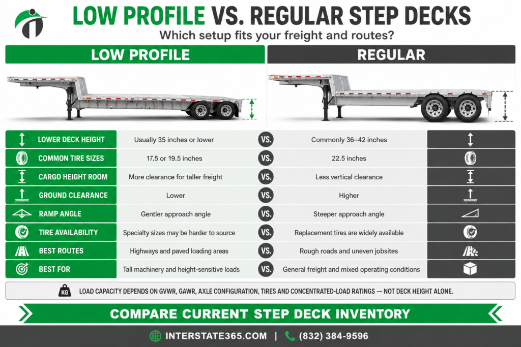 Low-profile versus regular step deck trailer infographic comparing deck height, tire sizes, cargo clearance, ground clearance, ramp angle, routes, and ideal uses.