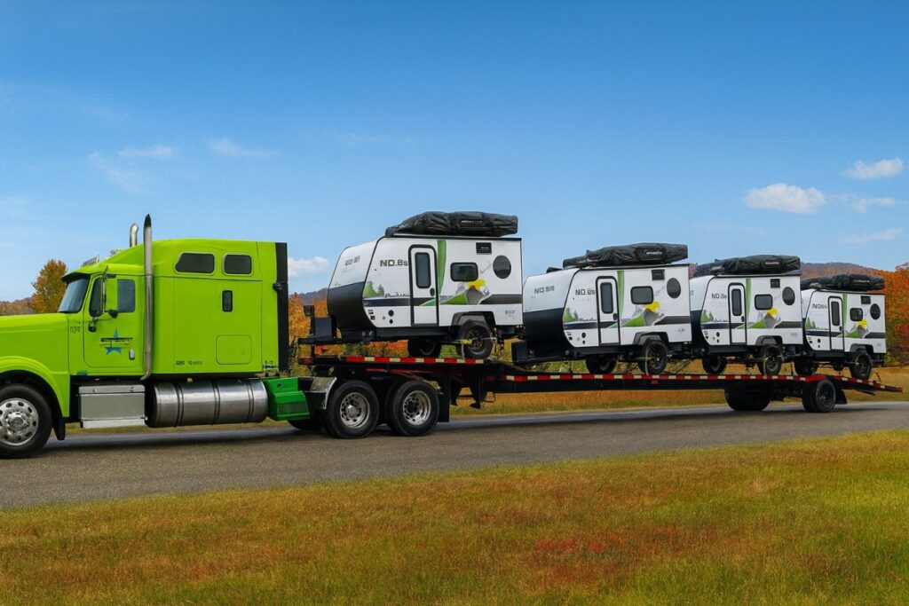 The picture shows a step deck trailer loaded with camper trailers.