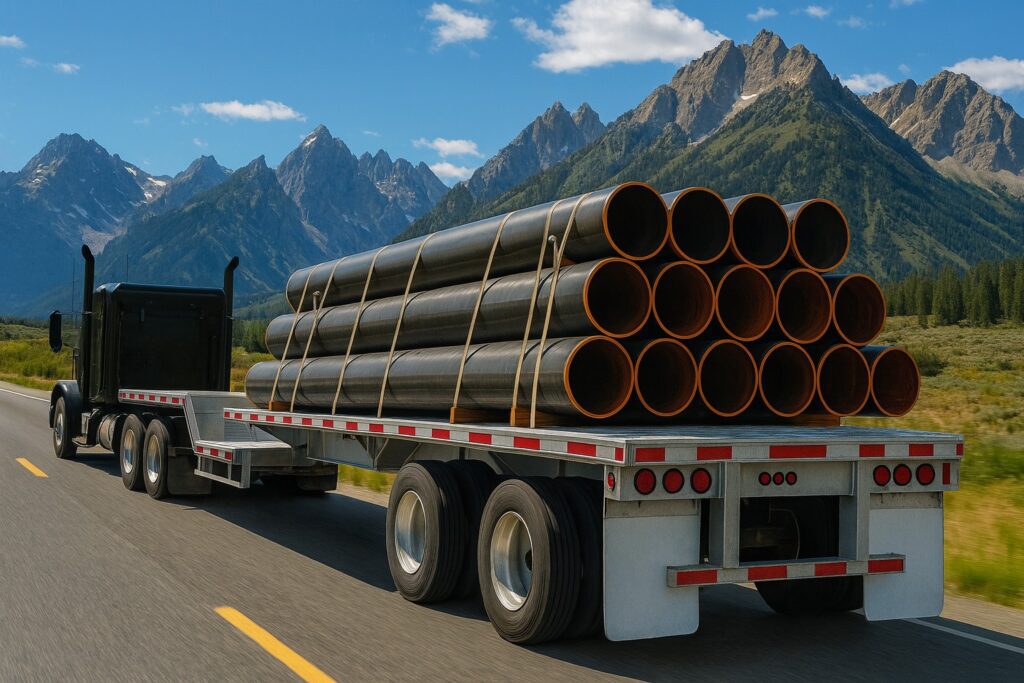 Step deck caryying pipes