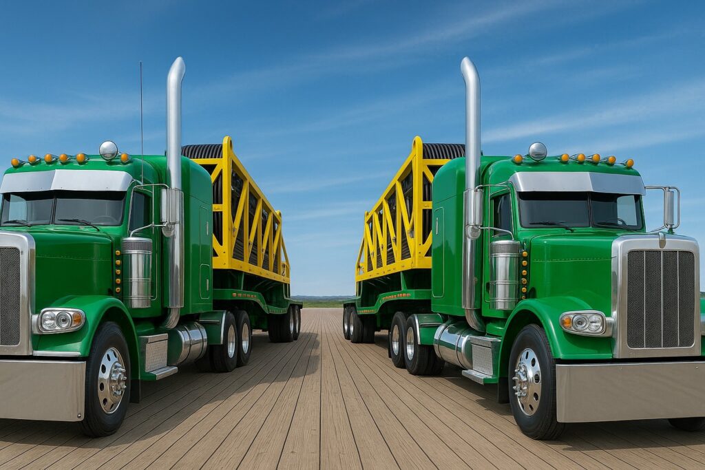 Two green semi-trucks hauling yellow cable reels on flatbed trailers, parked side by side on a wooden deck under a blue sky.