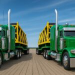 Two green semi-trucks hauling yellow cable reels on flatbed trailers, parked side by side on a wooden deck under a blue sky.