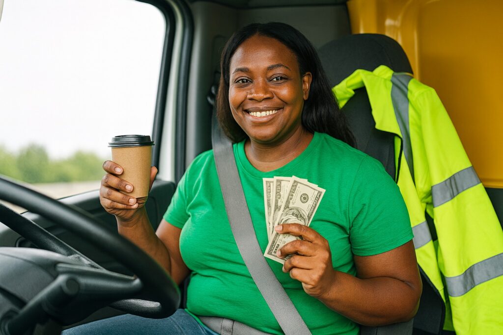 Black female flatbed owner operator in a green T-shirt, smiling in the truck cab while holding a coffee cup and U.S. dollar bills.