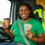 Black female flatbed owner operator in a green T-shirt, smiling in the truck cab while holding a coffee cup and U.S. dollar bills.