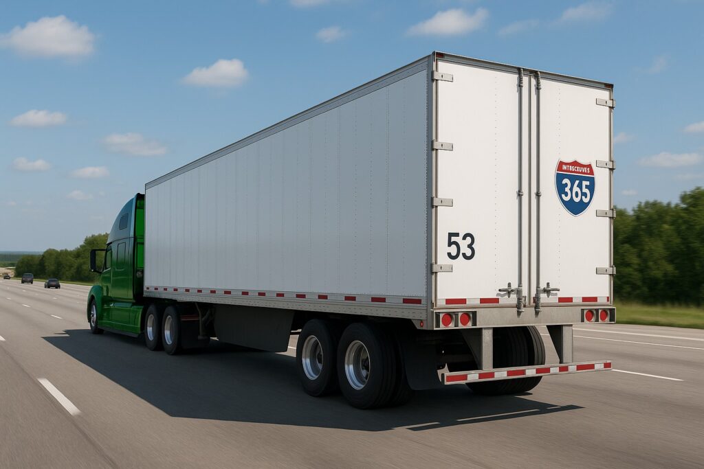 Green semi truck pulling a white 53 foot dry van trailer on a modern US highway with Interstate 365 branding, rear three-quarter view showing the large 53 marking.