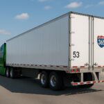 Green semi truck pulling a white 53 foot dry van trailer on a modern US highway with Interstate 365 branding, rear three-quarter view showing the large 53 marking.
