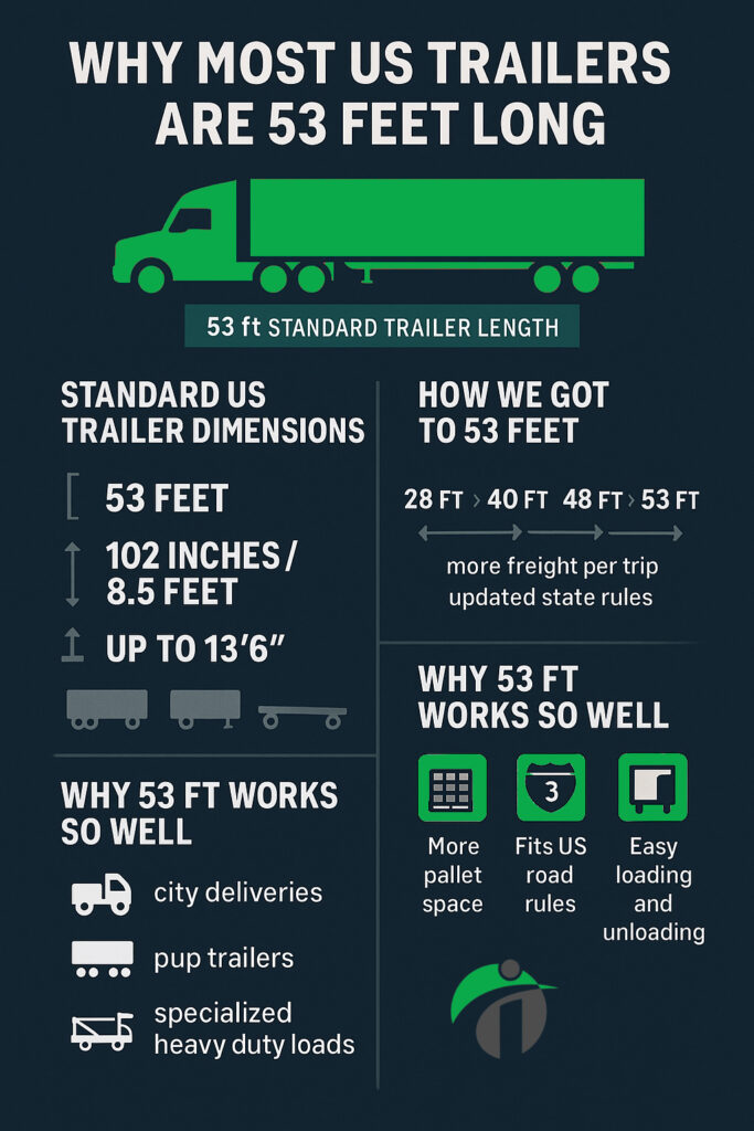 Vertical infographic explaining why most US trailers are 53 feet long, showing standard trailer dimensions, the historical timeline of trailer length growth, key advantages of the 53 ft size, and situations where other trailer sizes are useful, with a clean trucking-themed design.