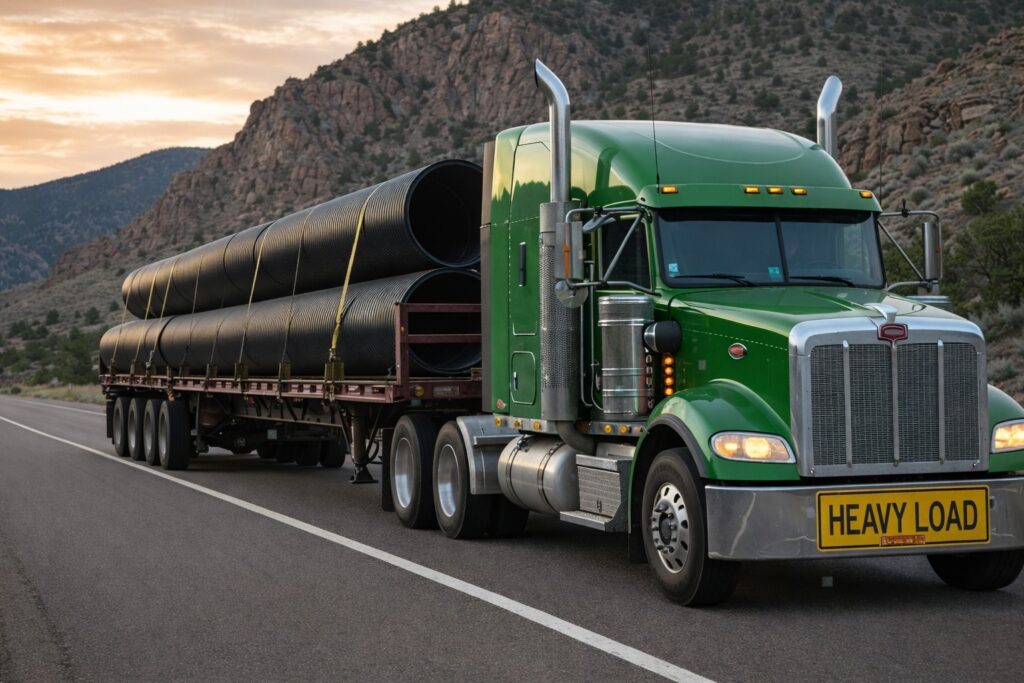 Green heavy-duty semi truck hauling large steel pipes on a flatbed trailer through a mountain highway at sunset, illustrating heavy haul and oversized freight transportation.