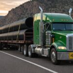 Green heavy-duty semi truck hauling large steel pipes on a flatbed trailer through a mountain highway at sunset, illustrating heavy haul and oversized freight transportation.