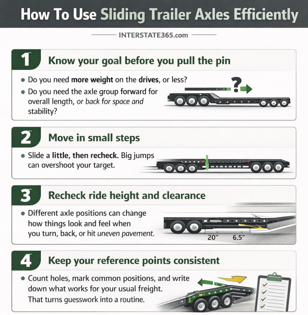 nfographic showing 4 steps to use sliding trailer axles efficiently on a sliding axle trailer, including choosing a goal, moving the sliding axle in small steps, rechecking ride height and clearance, and tracking positions for overall length and weight control.