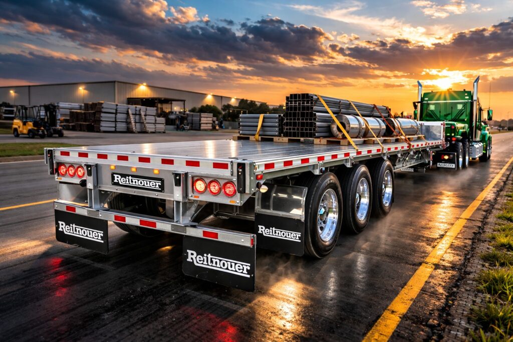 Aluminum Reitnouer flatbed trailer pulled by a green semi truck on the highway at sunset