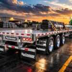 Aluminum Reitnouer flatbed trailer pulled by a green semi truck on the highway at sunset