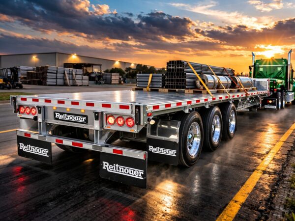 Aluminum Reitnouer flatbed trailer pulled by a green semi truck on the highway at sunset