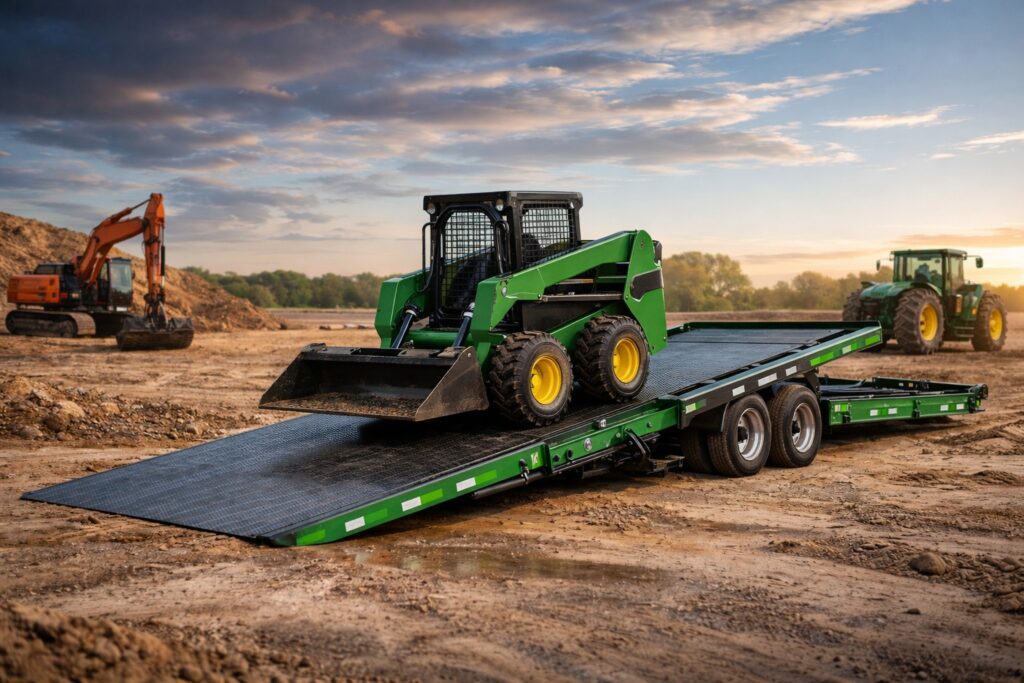 Green sliding axle trailer loading skid steer at a construction site during sunset
