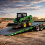 Green sliding axle trailer loading skid steer at a construction site during sunset