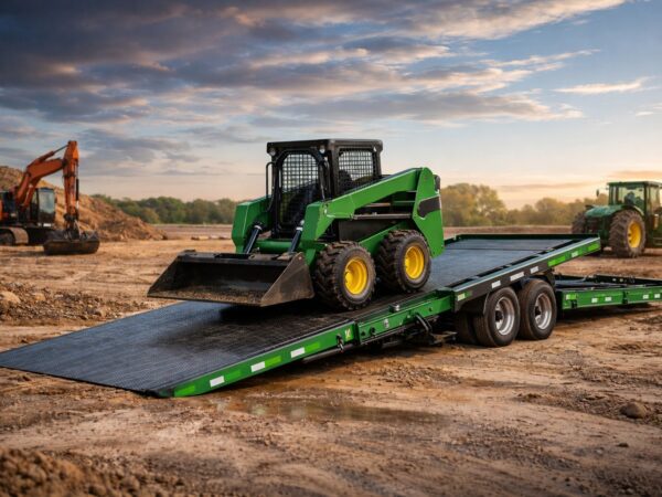 Green sliding axle trailer loading skid steer at a construction site during sunset