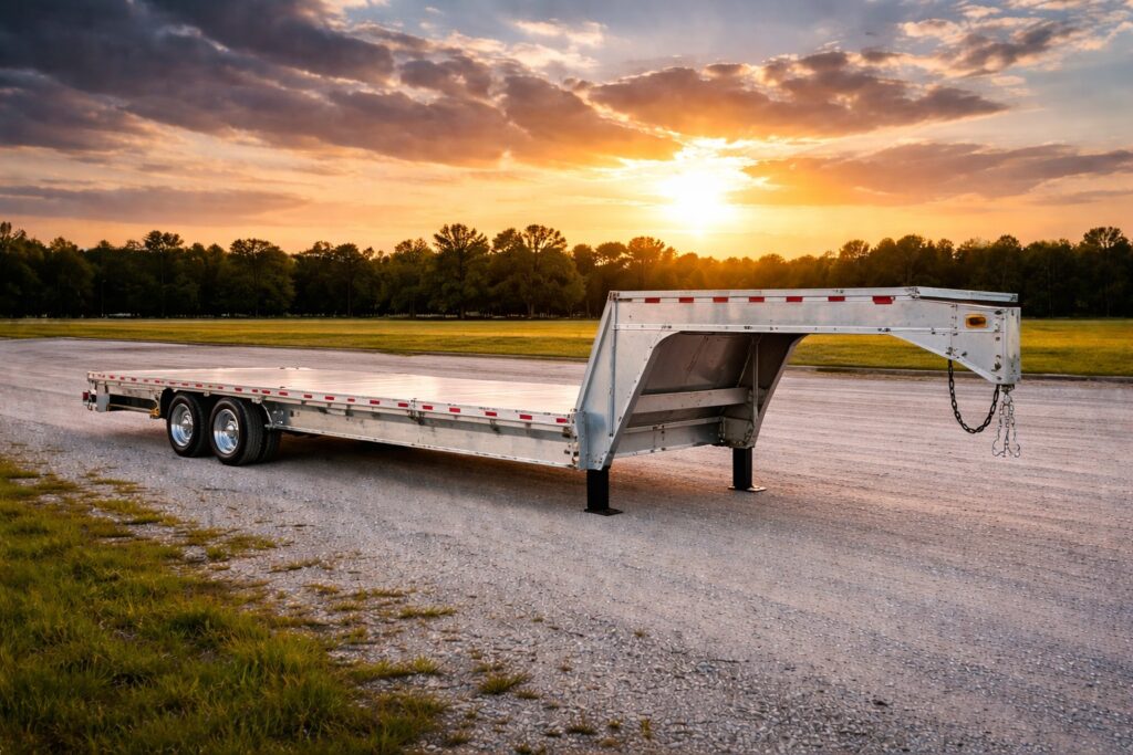 Aluminum two axle gooseneck flatbed trailer parked on a gravel lot at sunset