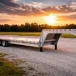 Aluminum two axle gooseneck flatbed trailer parked on a gravel lot at sunset