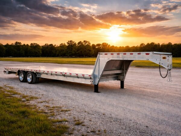 Aluminum two axle gooseneck flatbed trailer parked on a gravel lot at sunset