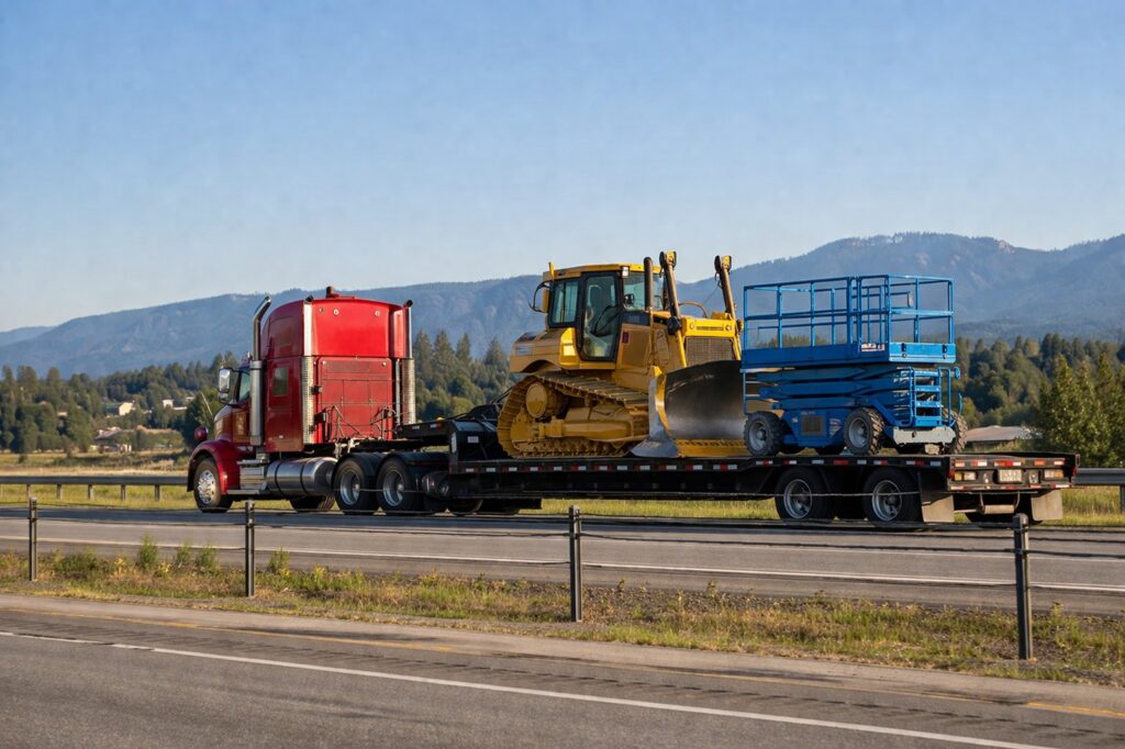 Red semi truck hauling equipment on a step deck trailer along a highway with mountains in the background