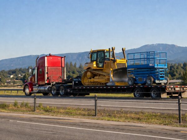 Red semi truck hauling equipment on a step deck trailer along a highway with mountains in the background