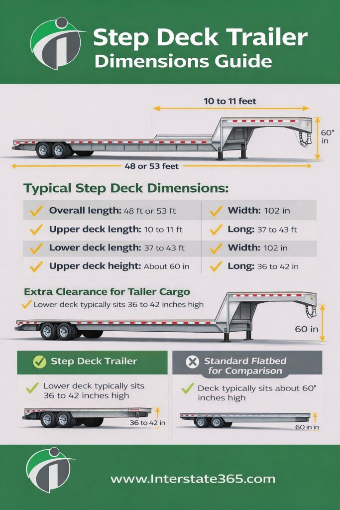 Infographic showing standard step deck trailer dimensions including overall length, upper deck length, lower deck length, width, and deck height comparison with a flatbed trailer