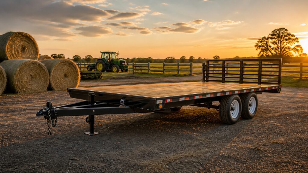 Farm trailer parked in a rural field at sunset with hay bales and a tractor in the background
