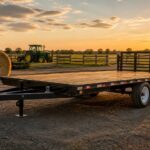 Farm trailer parked in a rural field at sunset with hay bales and a tractor in the background