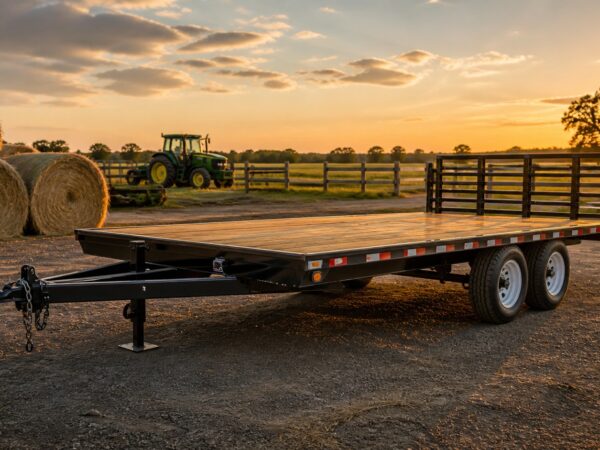 Farm trailer parked in a rural field at sunset with hay bales and a tractor in the background