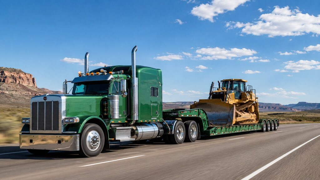 Green semi truck hauling heavy construction equipment on a heavy-duty hydraulic gooseneck trailer for specialized hauling.
