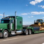 Green semi truck hauling heavy construction equipment on a heavy-duty hydraulic gooseneck trailer for specialized hauling.