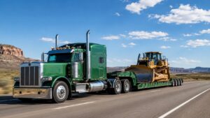 Green semi truck hauling heavy construction equipment on a heavy-duty hydraulic gooseneck trailer for specialized hauling.