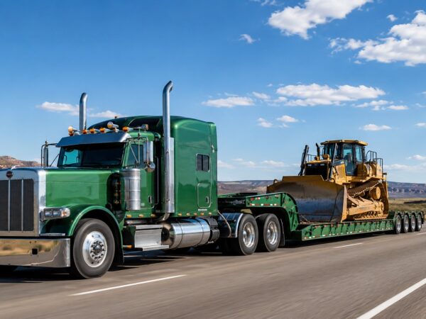 Green semi truck hauling heavy construction equipment on a heavy-duty hydraulic gooseneck trailer for specialized hauling.