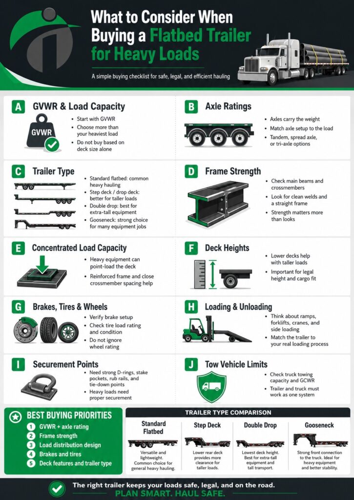 Infographic showing what to consider when buying a flatbed trailer for heavy loads, including GVWR, axle ratings, trailer type, frame strength, deck heights, brakes, tires, loading, securement points, and tow vehicle limits.