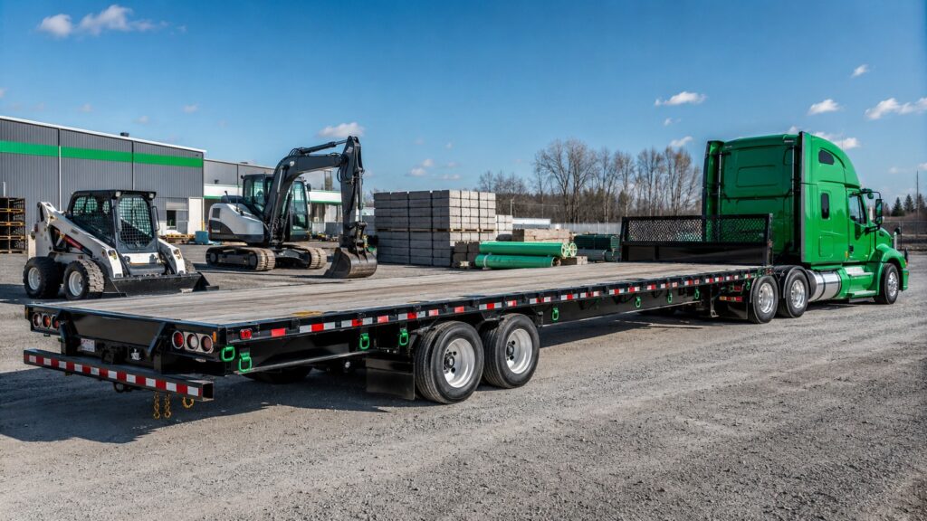 Green semi truck with a heavy-duty flatbed trailer parked in an industrial yard with construction equipment and materials nearby, illustrating flatbed trailer buying considerations for heavy loads.