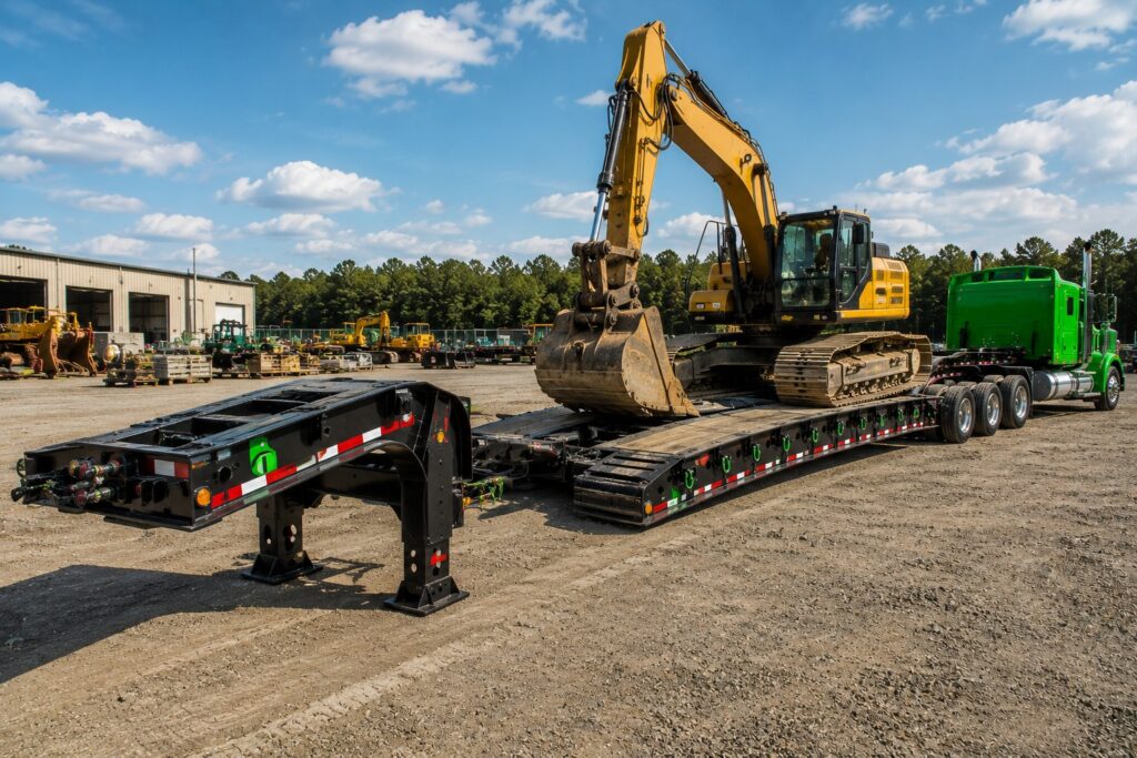 Green semi truck with RGN lowboy trailer in an industrial equipment yard, showing removable gooseneck design, low deck height, axles, tires, and heavy machinery for long-haul heavy loads.