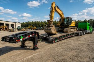 Green semi truck with RGN lowboy trailer in an industrial equipment yard, showing removable gooseneck design, low deck height, axles, tires, and heavy machinery for long-haul heavy loads.