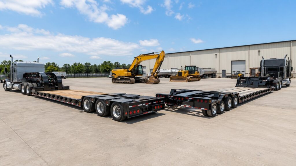 Lowboy and RGN trailers side by side in an industrial yard with heavy construction equipment