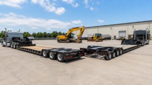 Lowboy and RGN trailers side by side in an industrial yard with heavy construction equipment