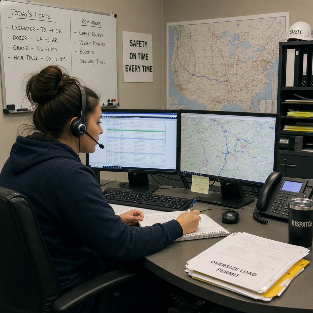 Dispatcher coordinating routes and permits for equipment transport