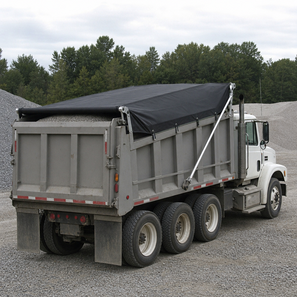 Dump truck with tarp system covering a gravel load