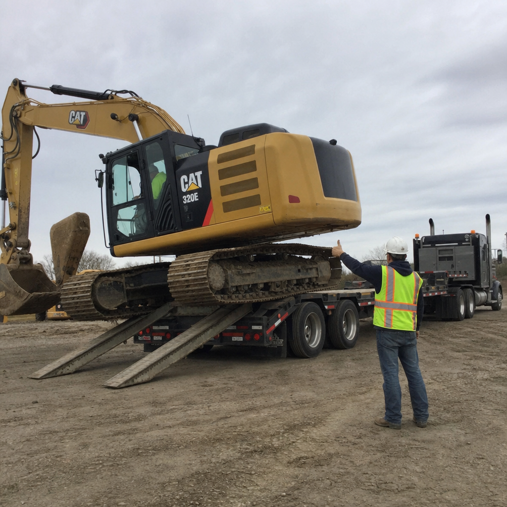 Operator loading an excavator onto a lowboy with a spotter guiding