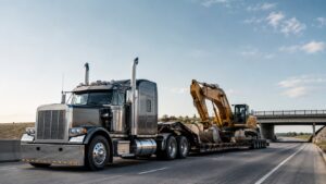 Lowboy trailer hauling a large excavator on a highway, showing low deck height and heavy equipment transport advantages.