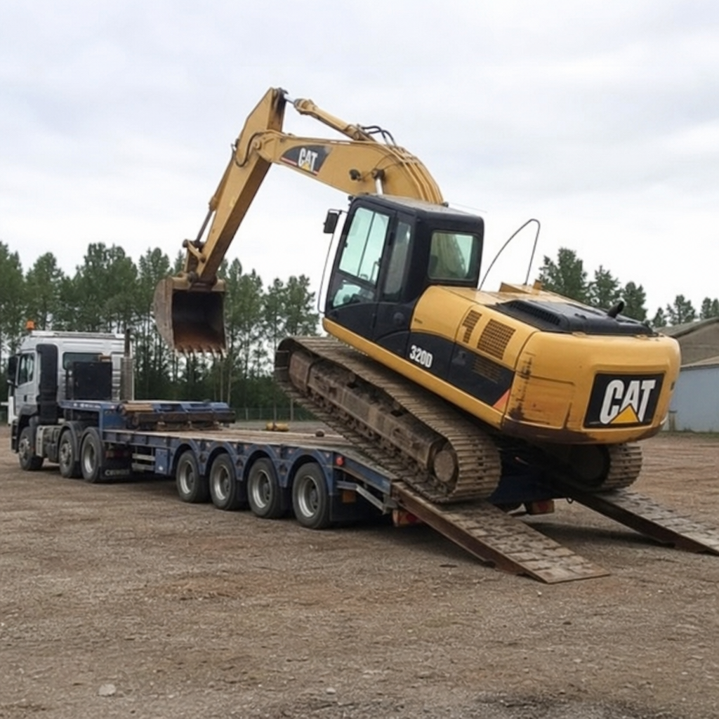 Excavator driving onto an RGN deck