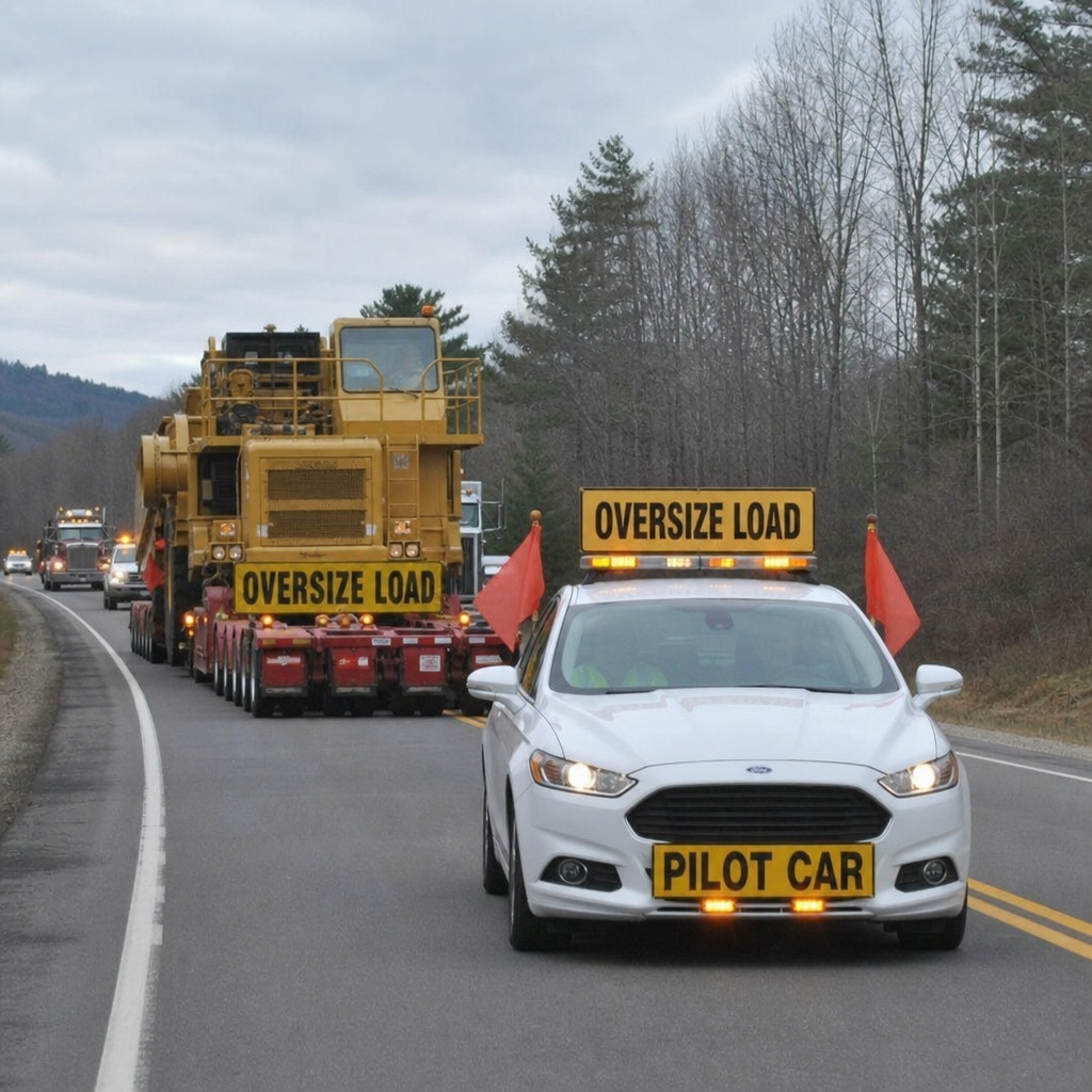 Pilot car leading an oversized equipment transport convoy