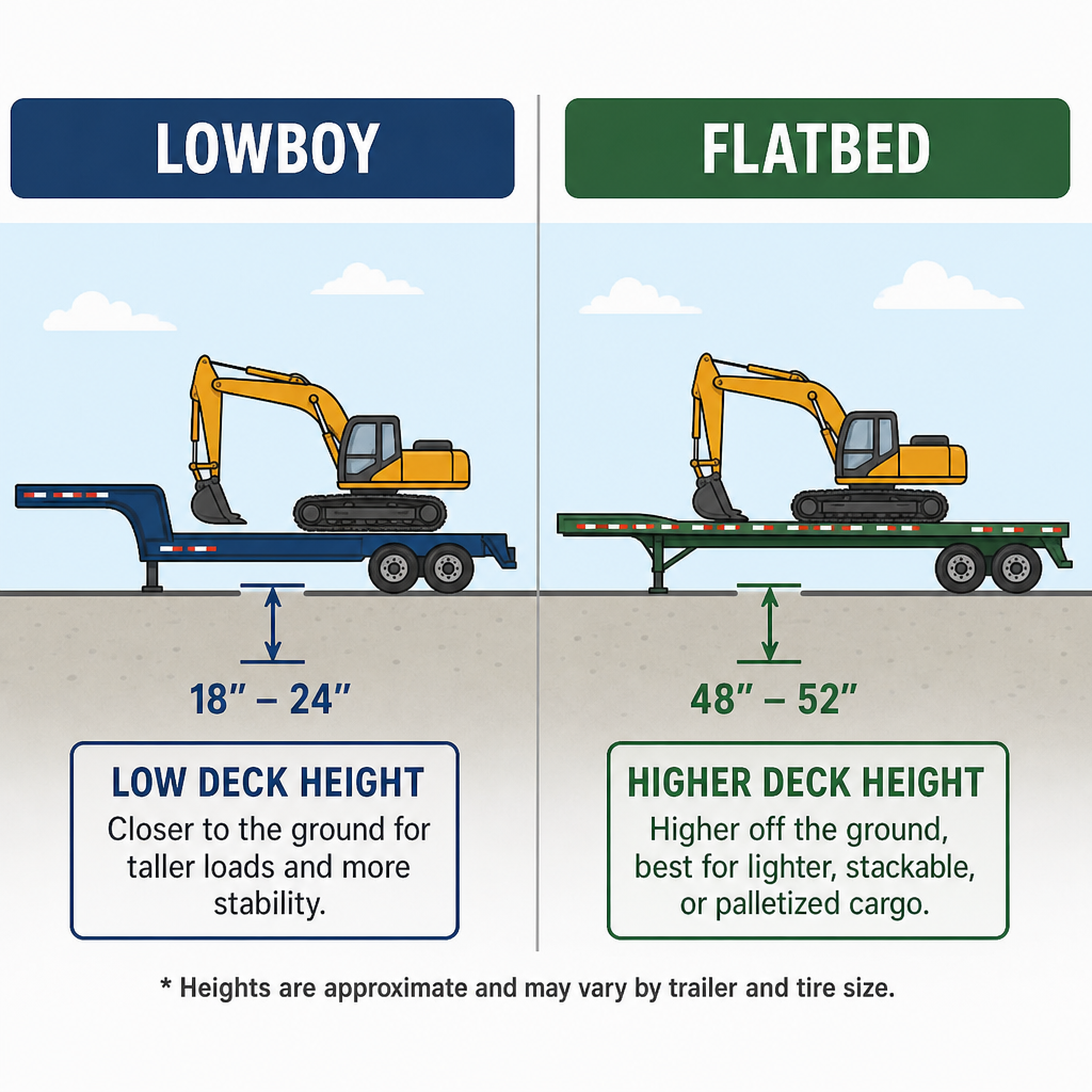 Side-by-side illustration of lowboy vs flatbed deck height