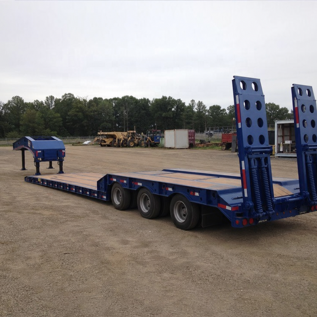 RGN trailer with gooseneck detached for drive-on loading
