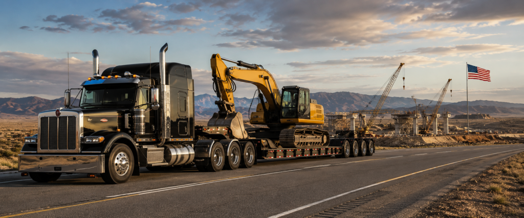 Heavy equipment hauler transporting an excavator on a lowboy trailer along a U.S. highway near a construction site.