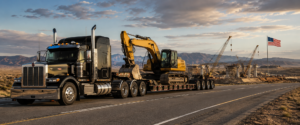 Heavy equipment hauler transporting an excavator on a lowboy trailer along a U.S. highway near a construction site.