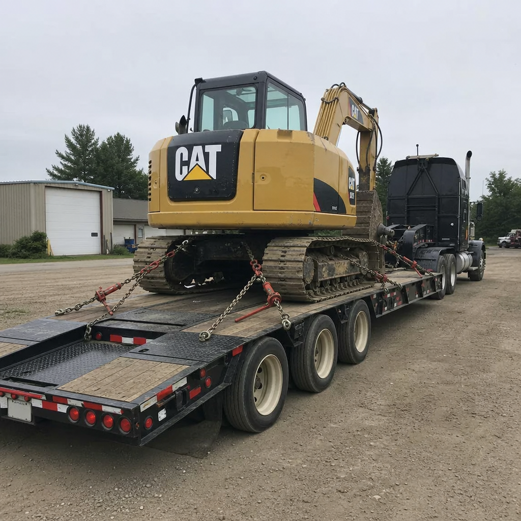 Lowboy trailer hauling an excavator with chains and binders secured